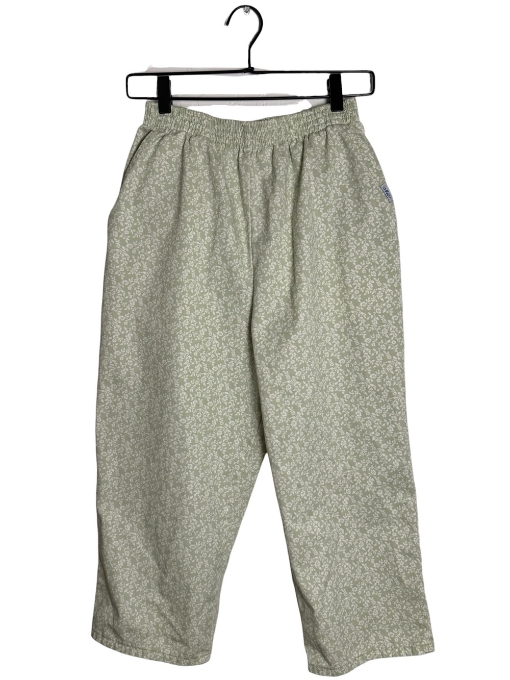 Vintage Chic Sage Green Floral Elastic Waist Crop Pants Ditsy Print 80s 90s